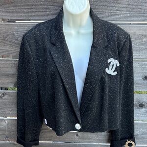 Repurposed Chic Black Tweed Jacket with Logo by “Jagged Threads”